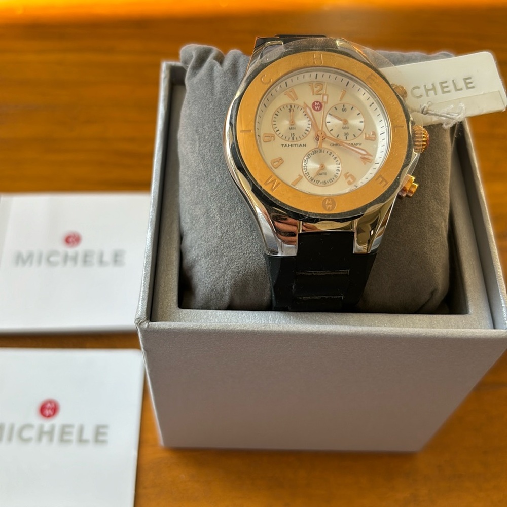 Michele Tahitian Chronograph black silicone band, gold accents,NWT, never worn.